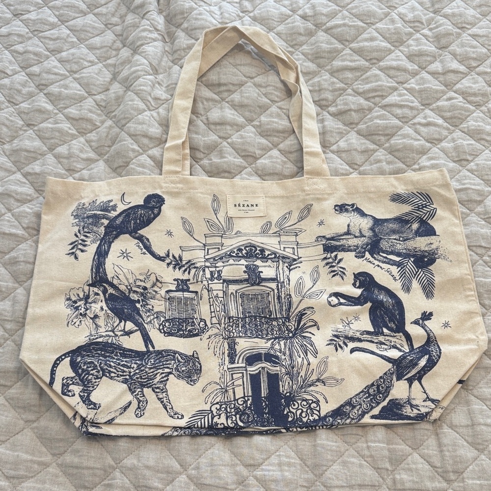 Sezane Cream and Navy Jungle Tote Bag